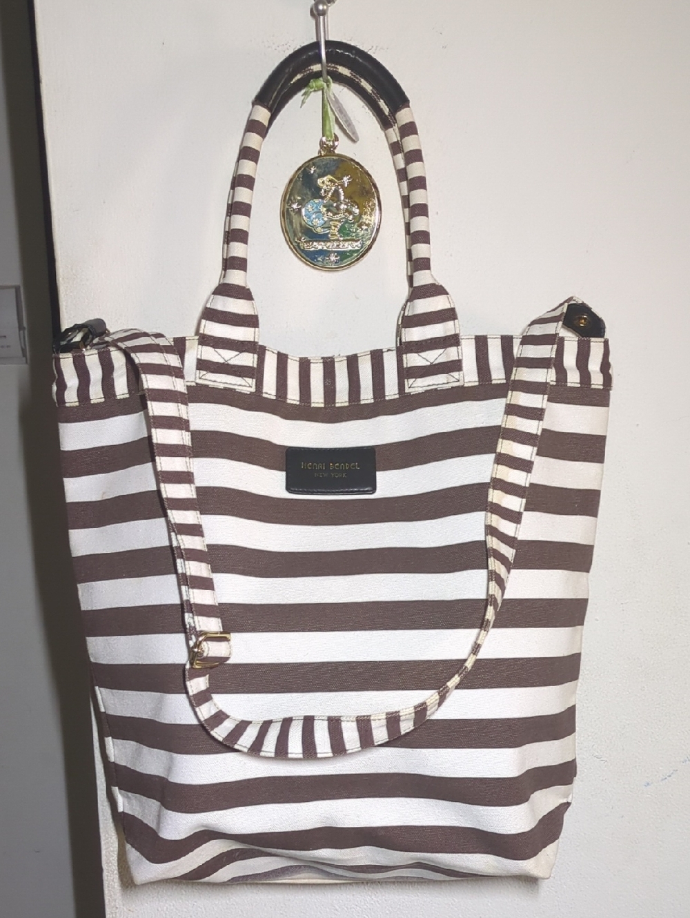 henri bendel Brown & Cream Striped Canvas Tote Weekender Bag LOW PRICE $80